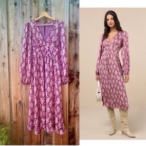 Fuchsia Purple Floral Print Long Ballon-Sleeve Midi Dress 🌿